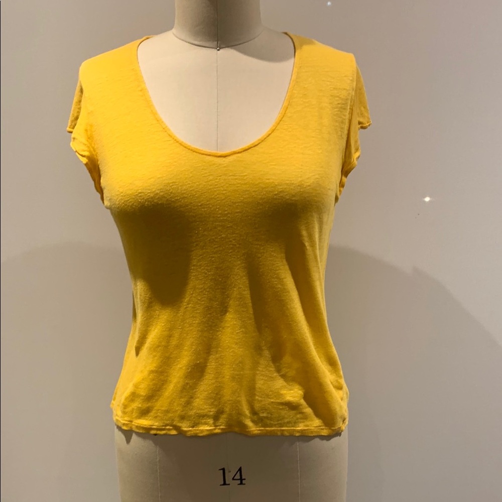 Massimo Dutti 100% Linen Yellow Fitted Cap Sleeve T-Shirt